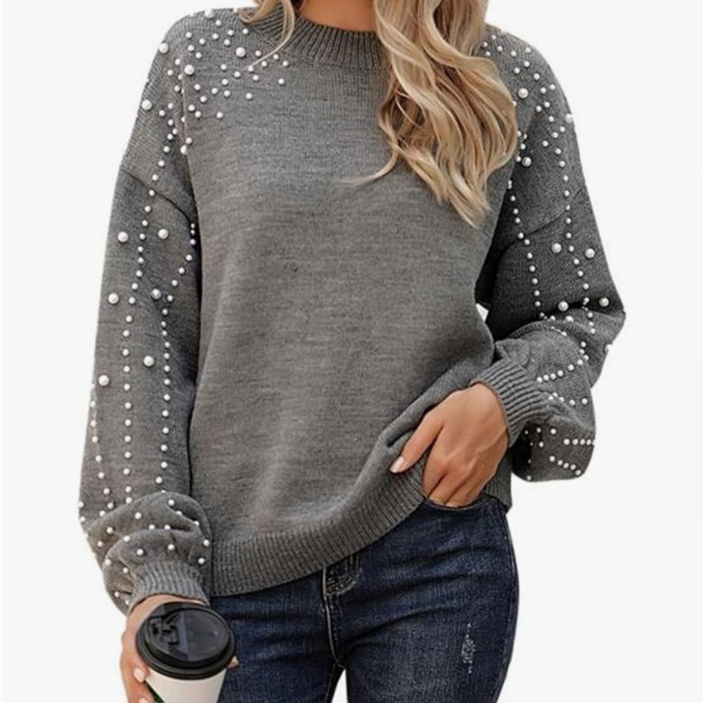 Gray Sweater with Pearl Detailing